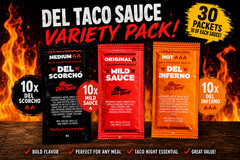 Del Taco Variety Sauce Pack (Mild, Medium & Hot) 10 of Each – 30 Total Packs