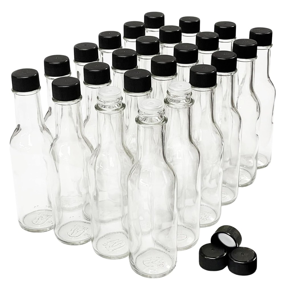 24 Pack Clear Glass Hot Sauce Bottles With Black Caps 5 Fl Oz Capacity